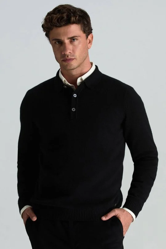 Hemington - Polo Yaka Saf Kaşmir Siyah Kazak