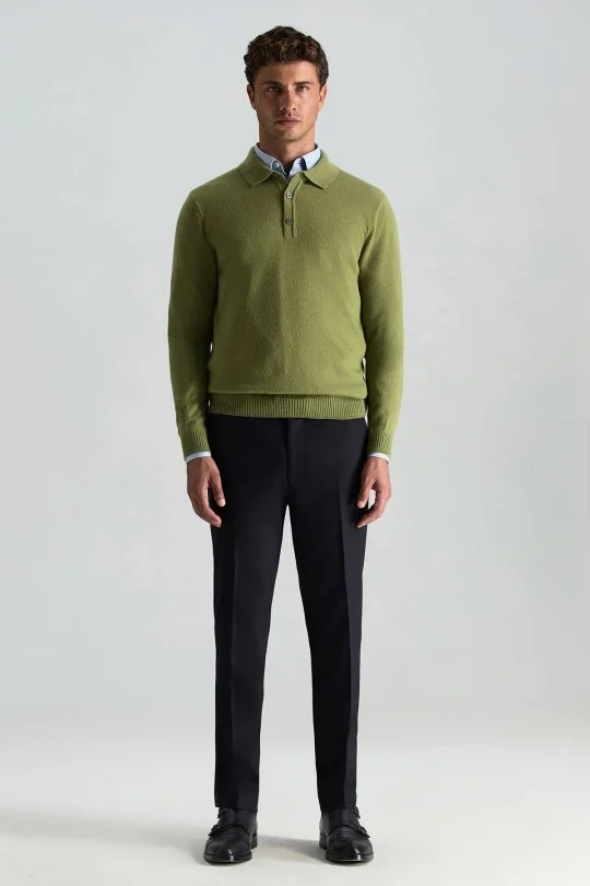 Hemington - Polo Yaka Saf Kaşmir Yeşil Kazak