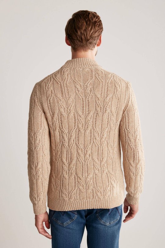 Saç Örgü Desen Camel Merino Yün Kazak