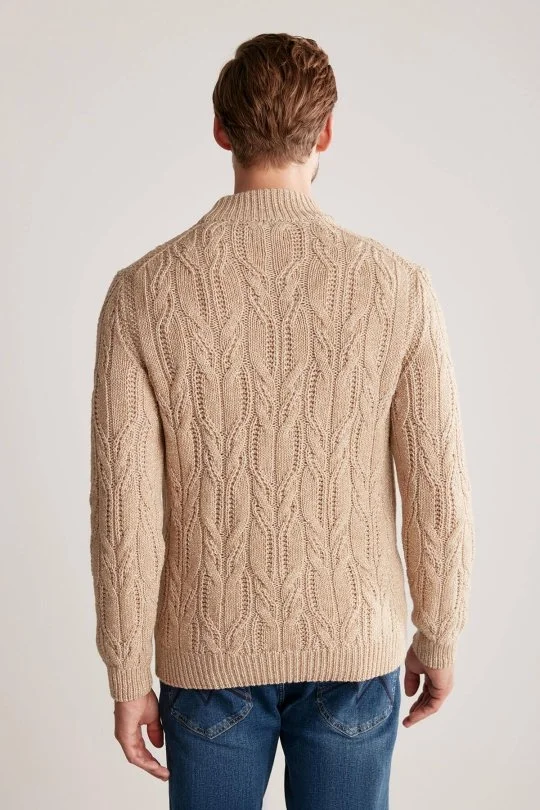Hemington - Saç Örgü Desen Camel Merino Yün Kazak (5)