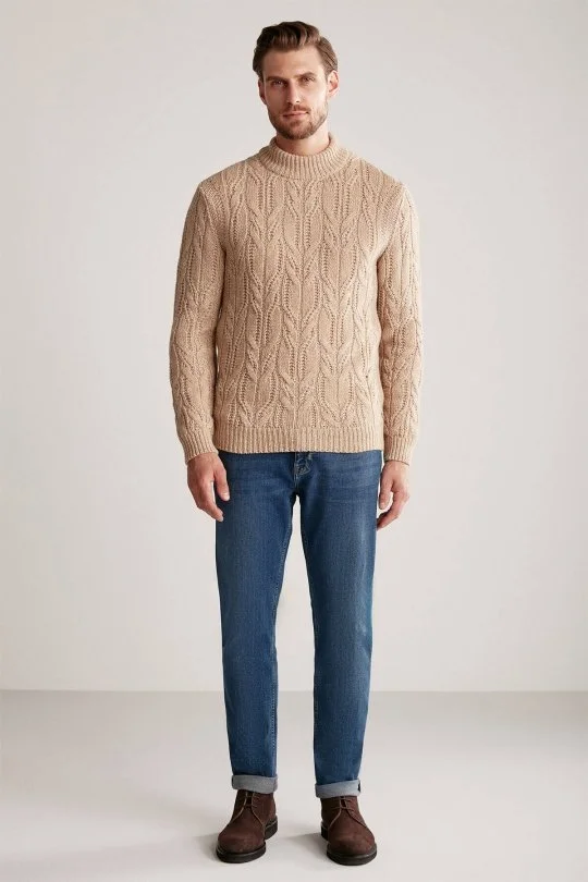 Hemington - Saç Örgü Desen Camel Merino Yün Kazak (4)