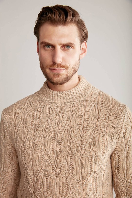 Saç Örgü Desen Camel Merino Yün Kazak