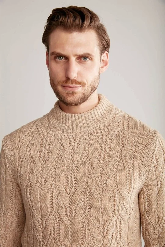 Hemington - Saç Örgü Desen Camel Merino Yün Kazak (3)