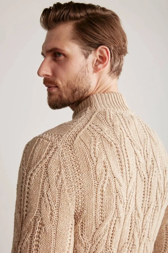 Hemington - Saç Örgü Desen Camel Merino Yün Kazak (2)