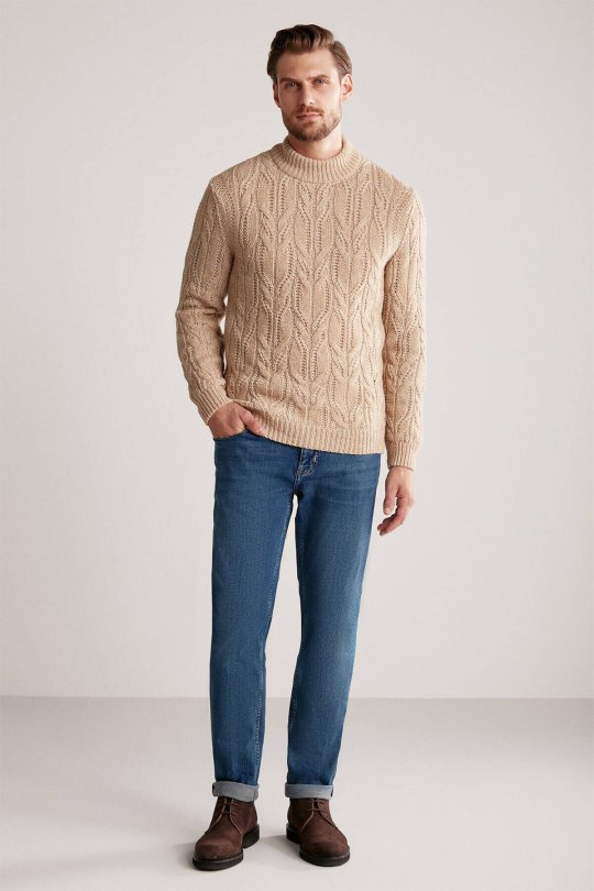 Saç Örgü Desen Camel Merino Yün Kazak