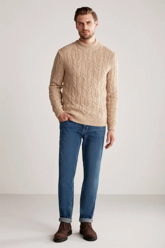 Hemington - Saç Örgü Desen Camel Merino Yün Kazak (1)