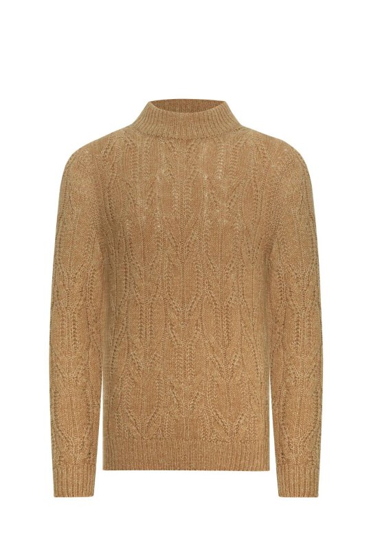 Saç Örgü Desen Camel Merino Yün Kazak