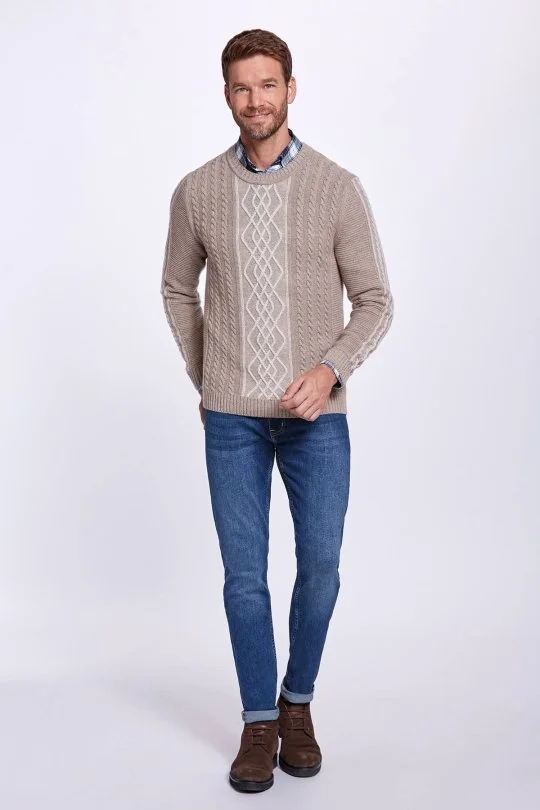 Hemington - Saç Örgü Desen Camel Saf Kaşmir Kazak (1)