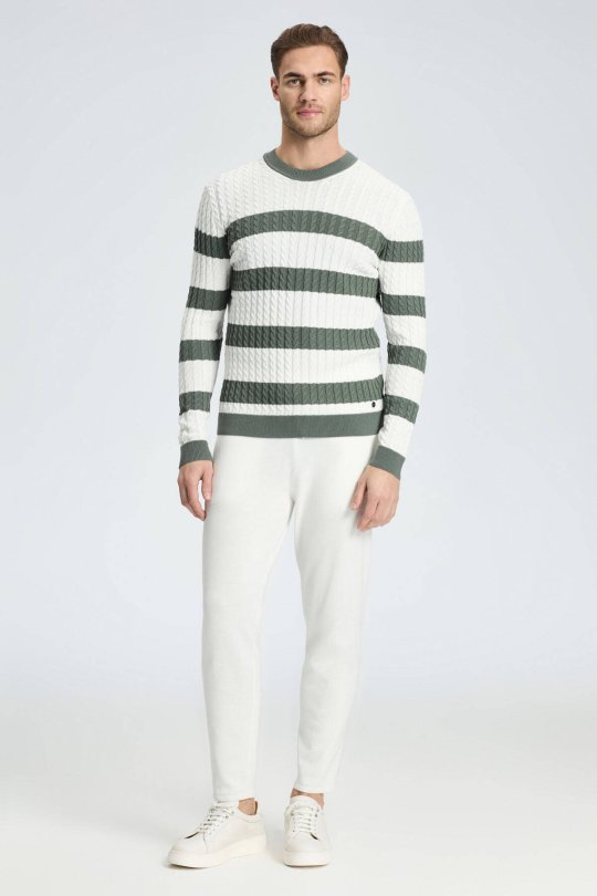 Saç Örgü Desen Haki Beyaz İnce Yazlık Triko