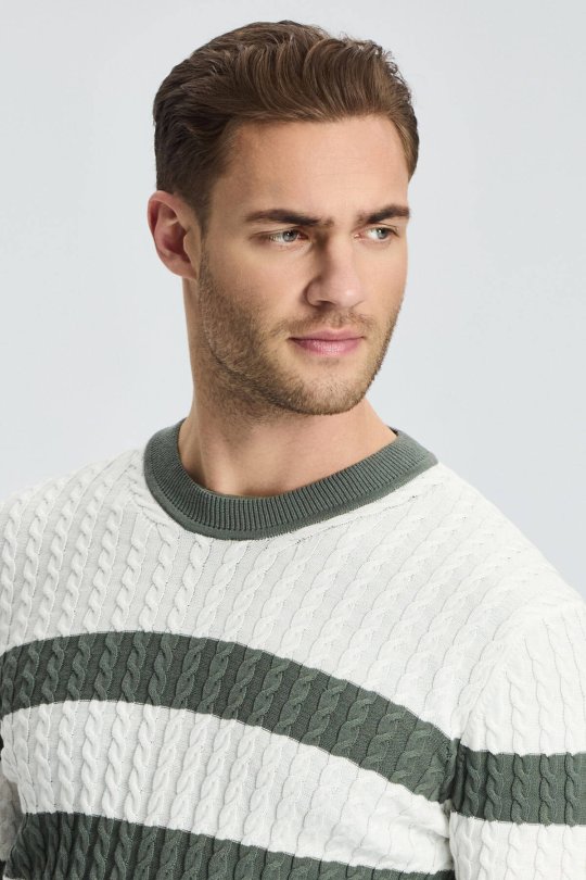 Saç Örgü Desen Haki Beyaz İnce Yazlık Triko