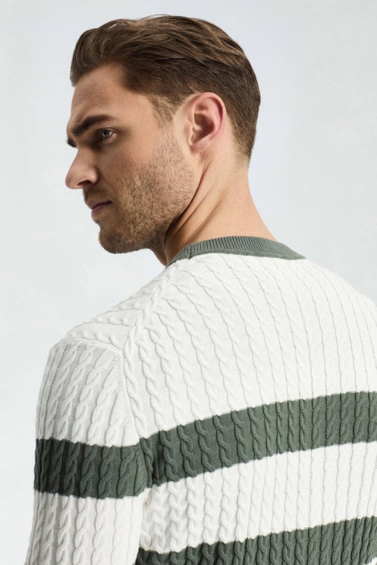 Saç Örgü Desen Haki Beyaz İnce Yazlık Triko