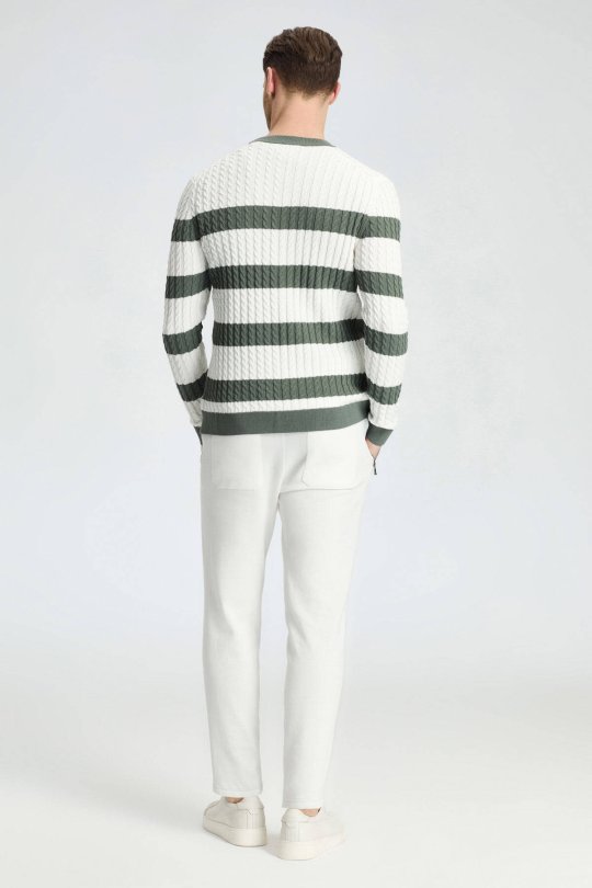 Saç Örgü Desen Haki Beyaz İnce Yazlık Triko