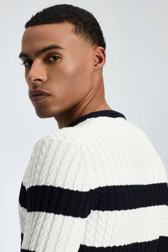 Saç Örgü Desen Lacivert Beyaz İnce Yazlık Triko