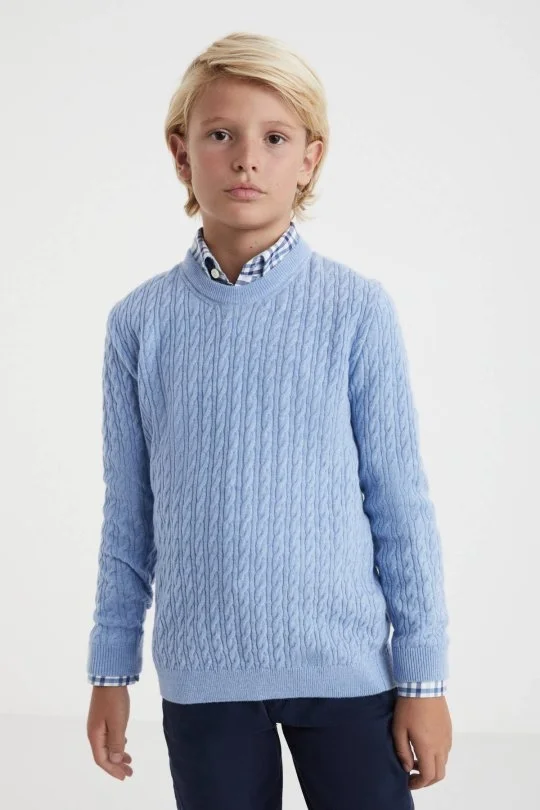 Hemington - Saç Örgü Desenli Lambswool Buz Mavisi Çocuk Kazak (3)