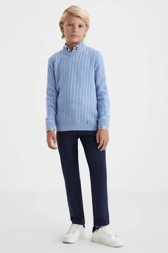 Hemington - Saç Örgü Desenli Lambswool Buz Mavisi Çocuk Kazak (1)