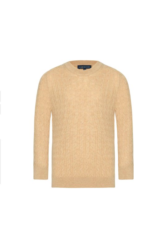 Saç Örgü Desenli Lambswool Camel Çocuk Kazak