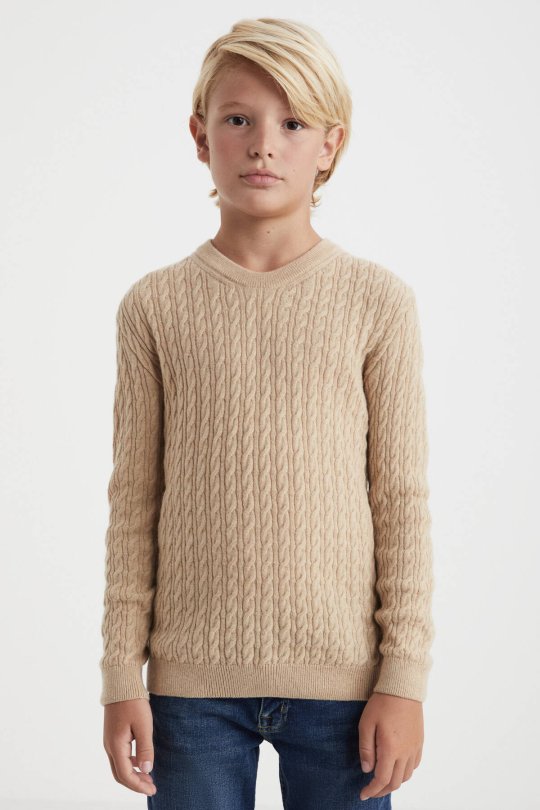 Saç Örgü Desenli Lambswool Camel Çocuk Kazak