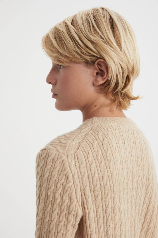 Saç Örgü Desenli Lambswool Camel Çocuk Kazak