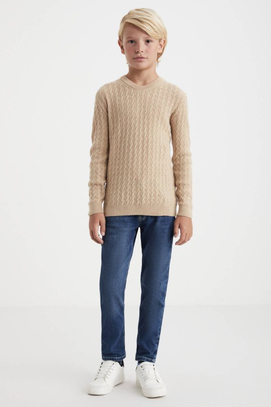 Saç Örgü Desenli Lambswool Camel Çocuk Kazak