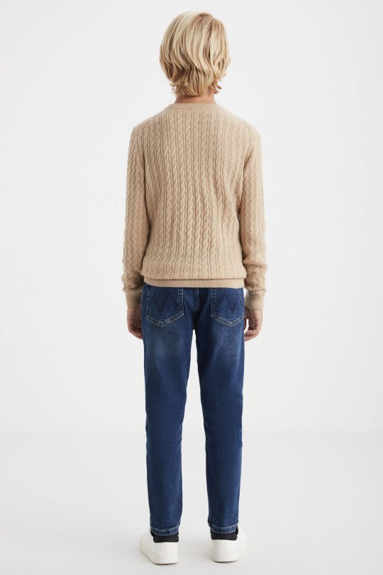 Saç Örgü Desenli Lambswool Camel Çocuk Kazak