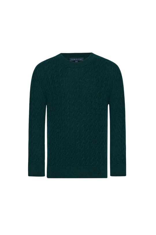 Saç Örgü Desenli Lambswool Koyu Yeşil Çocuk Kazak