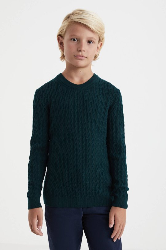 Saç Örgü Desenli Lambswool Koyu Yeşil Çocuk Kazak