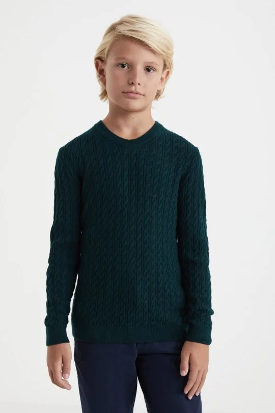 Hemington - Saç Örgü Desenli Lambswool Koyu Yeşil Çocuk Kazak (2)