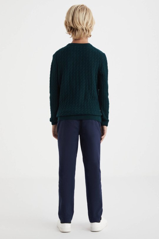 Saç Örgü Desenli Lambswool Koyu Yeşil Çocuk Kazak