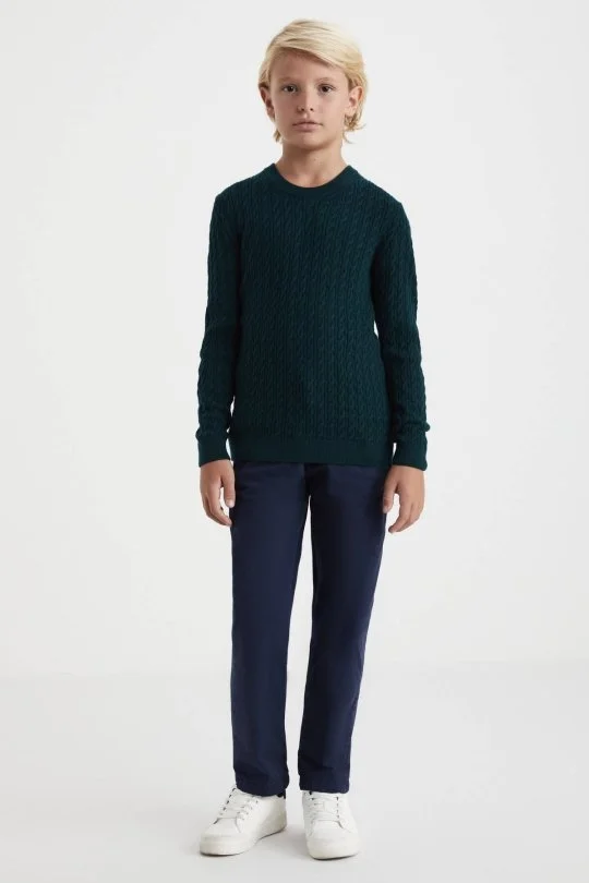 Hemington - Saç Örgü Desenli Lambswool Koyu Yeşil Çocuk Kazak (1)