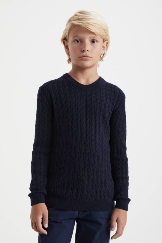 Saç Örgü Desenli Lambswool Lacivert Çocuk Kazak