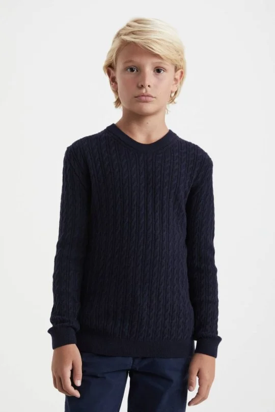 Hemington - Saç Örgü Desenli Lambswool Lacivert Çocuk Kazak (3)