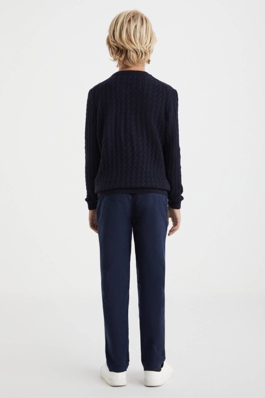 Saç Örgü Desenli Lambswool Lacivert Çocuk Kazak