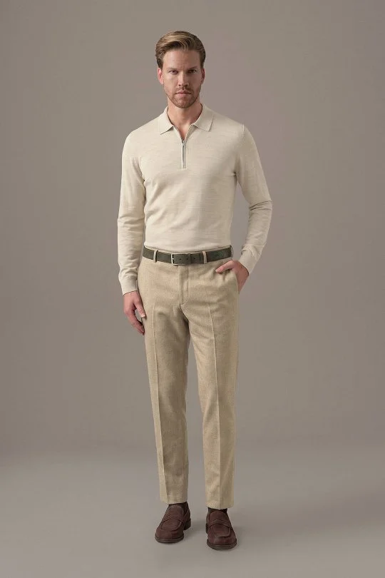 Saf Kaşmir Bej Chino Flanel Pantolon