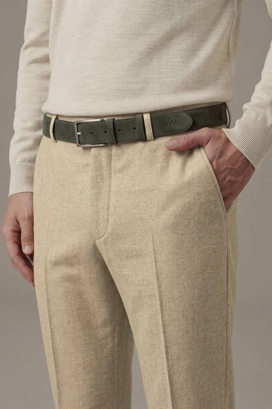 Saf Kaşmir Bej Chino Flanel Pantolon