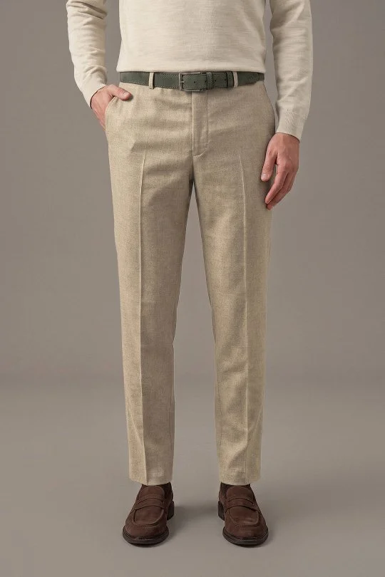 Saf Kaşmir Bej Chino Flanel Pantolon