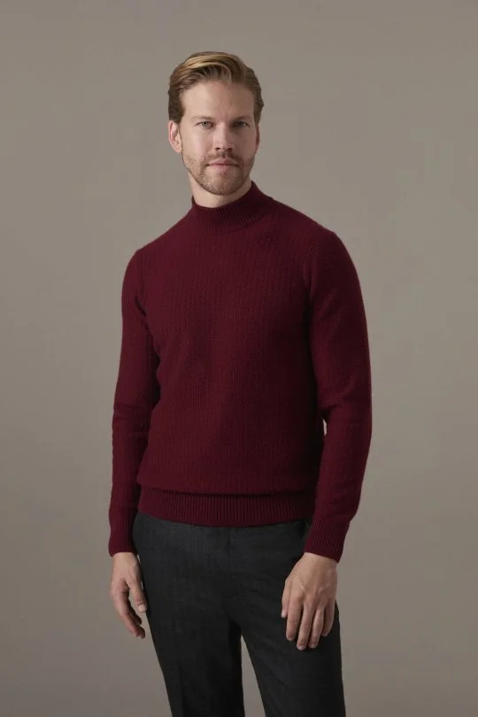 Saf Kaşmir Lupeto Yaka Zigzag Örgü Bordo Kazak