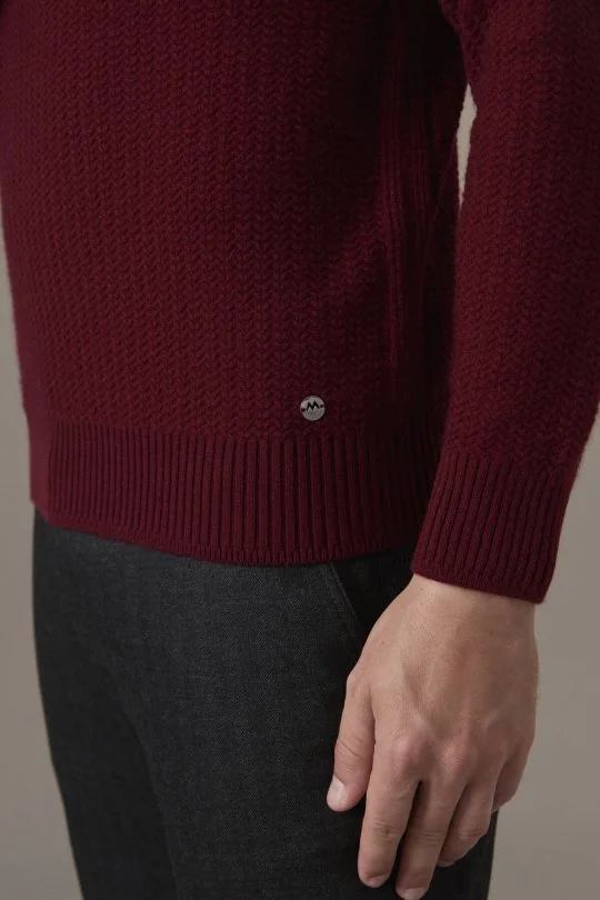Saf Kaşmir Lupeto Yaka Zigzag Örgü Bordo Kazak