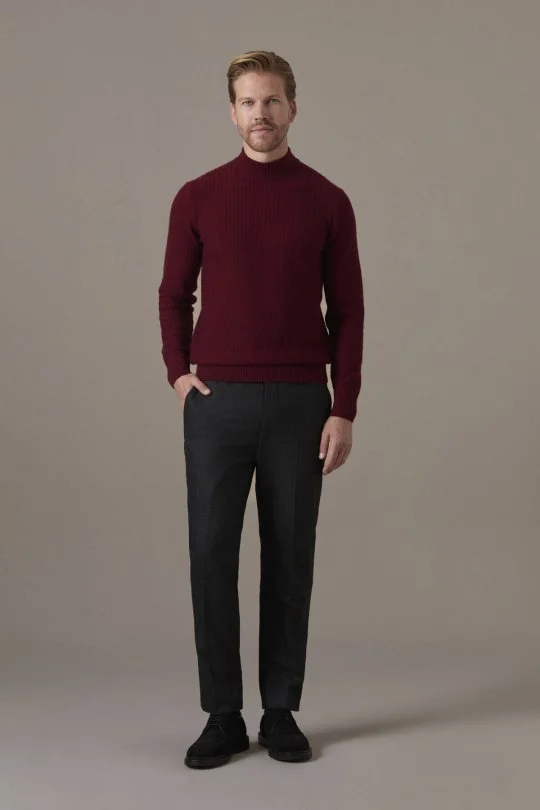 Saf Kaşmir Lupeto Yaka Zigzag Örgü Bordo Kazak