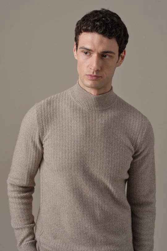 Saf Kaşmir Lupeto Yaka Zigzag Örgü Camel Kazak