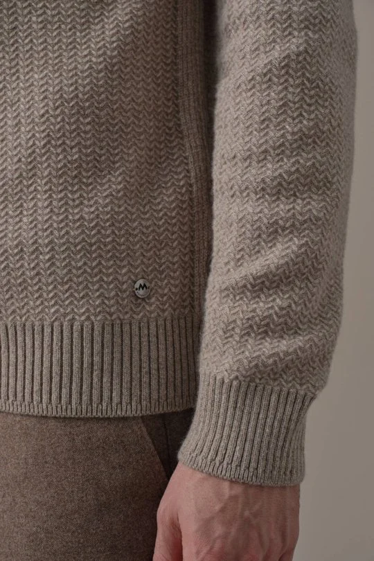 Saf Kaşmir Lupeto Yaka Zigzag Örgü Camel Kazak