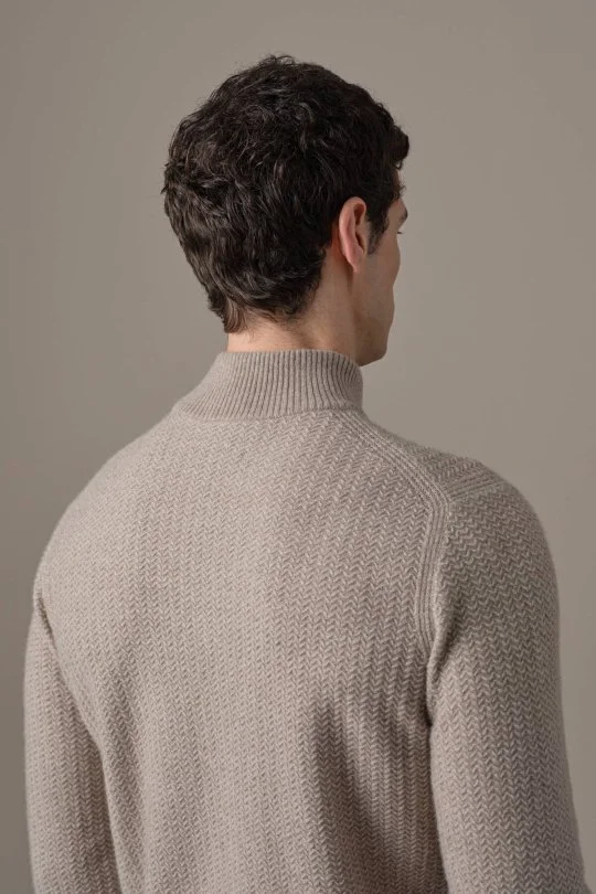 Saf Kaşmir Lupeto Yaka Zigzag Örgü Camel Kazak