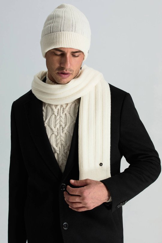 Saf Kaşmir Örgü Desenli Beyaz Atkı