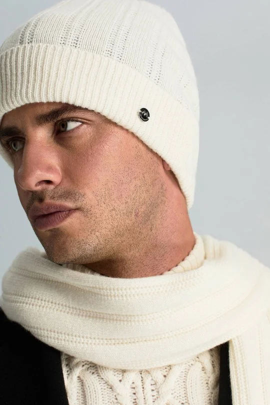 Hemington - Saf Kaşmir Örgü Desenli Beyaz Bere (2)