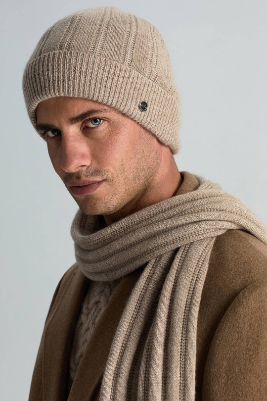 Saf Kaşmir Örgü Desenli Camel Bere