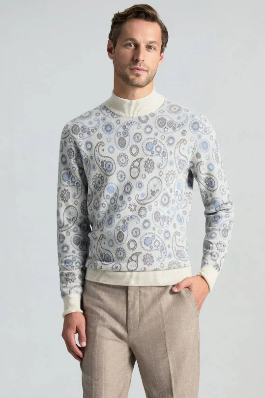 Hemington - Saf Kaşmir Paisley Desen Lupetto Yaka Ekru Kazak