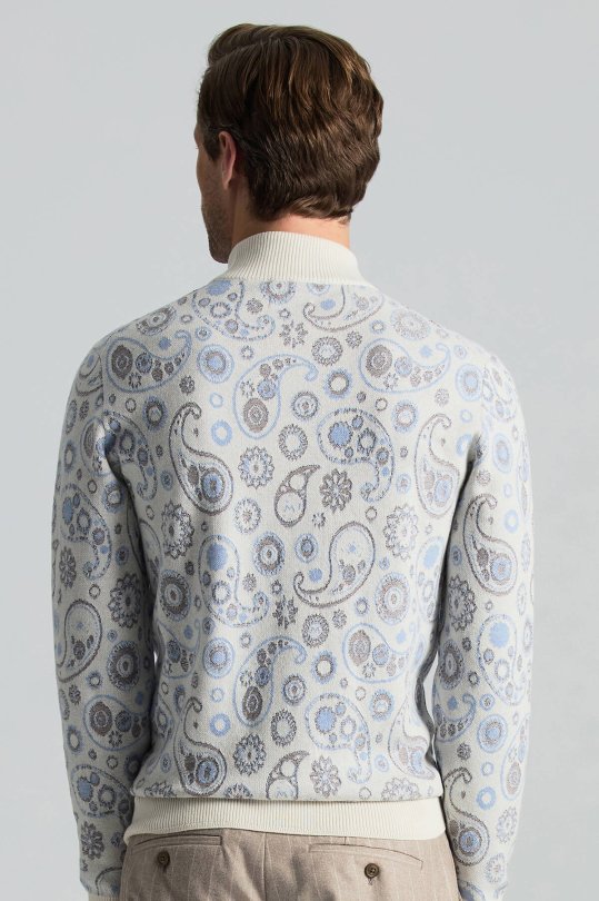 Saf Kaşmir Paisley Desen Lupetto Yaka Ekru Kazak