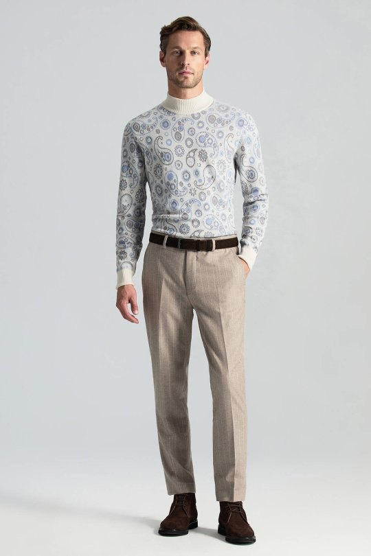 Saf Kaşmir Paisley Desen Lupetto Yaka Ekru Triko