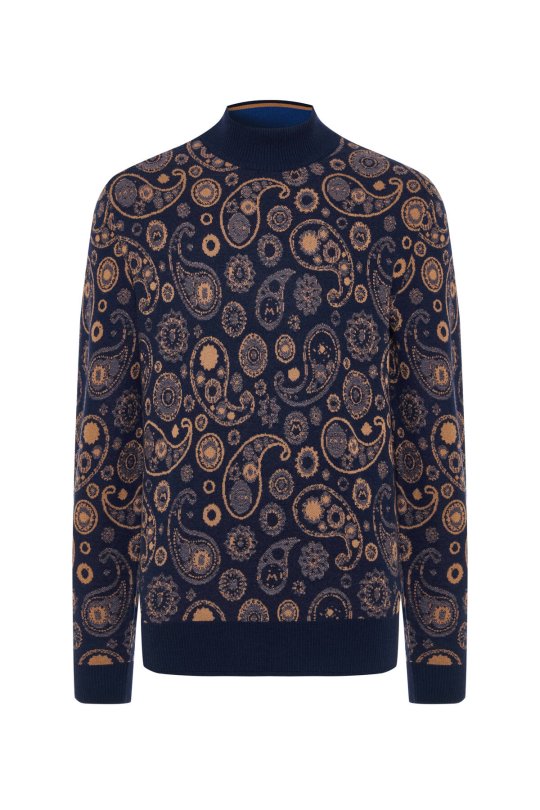 Saf Kaşmir Paisley Desen Lupetto Yaka Lacivert Triko