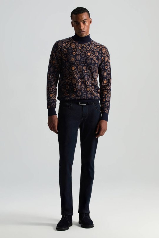 Saf Kaşmir Paisley Desen Lupetto Yaka Lacivert Triko