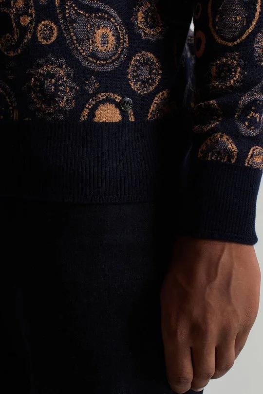Hemington - Saf Kaşmir Paisley Desen Lupetto Yaka Lacivert Triko (5)